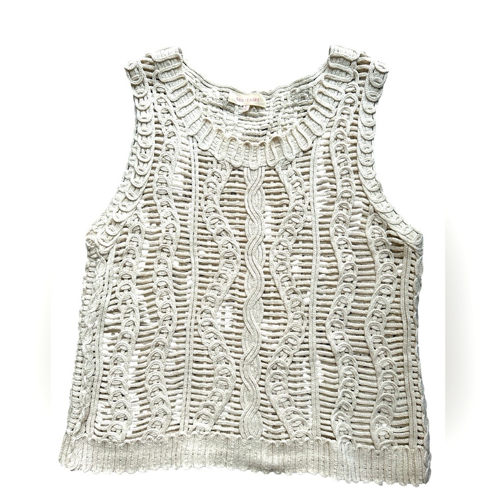 Solitaire crochet knit vest, Cableknit, cotton/poly off white, heavier knit Sz S